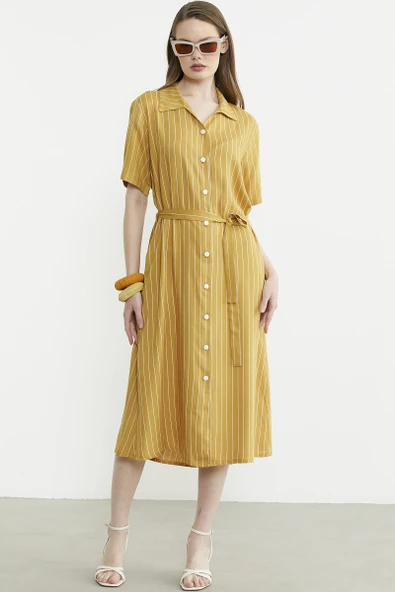 Düğmeli Midi Boy Gömlek Elbise - Hardal