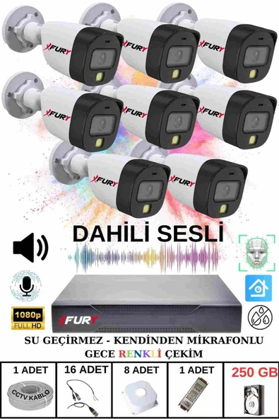 FURY 8 li Sesli Gece Renkli Görüş Güvenlik Kamerası Su Geçirmez Güvenlik Kamerası Seti 250GB - Resim 2
