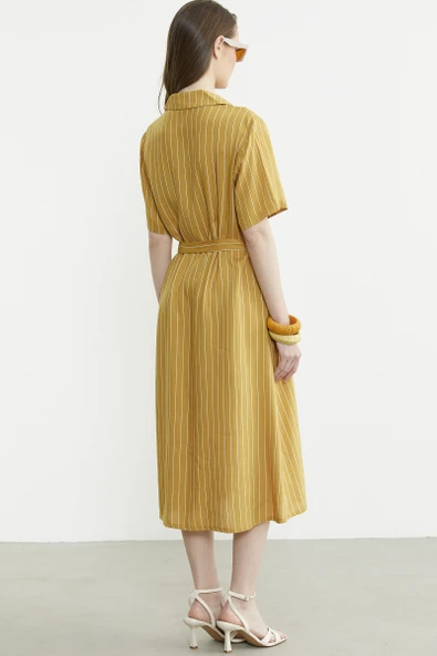 Düğmeli Midi Boy Gömlek Elbise - Hardal - 6