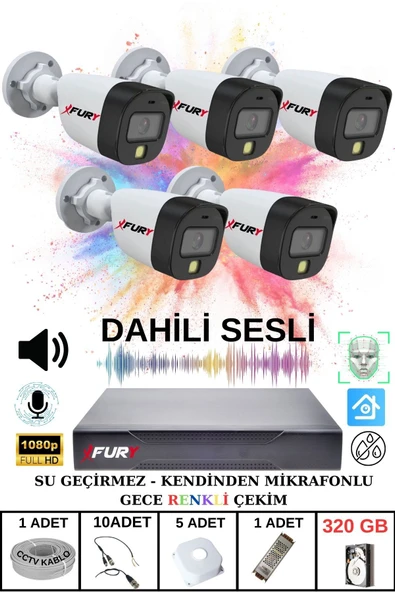 FURY 5 li Sesli Gece Renkli Görüş Güvenlik Kamerası Su Geçirmez Güvenlik Kamerası Seti 320GB - Resim 2