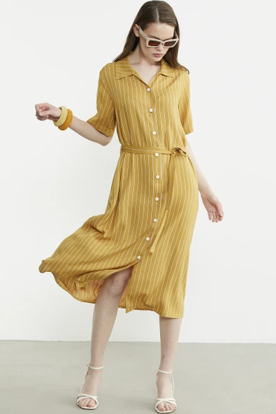 Düğmeli Midi Boy Gömlek Elbise - Hardal - 4