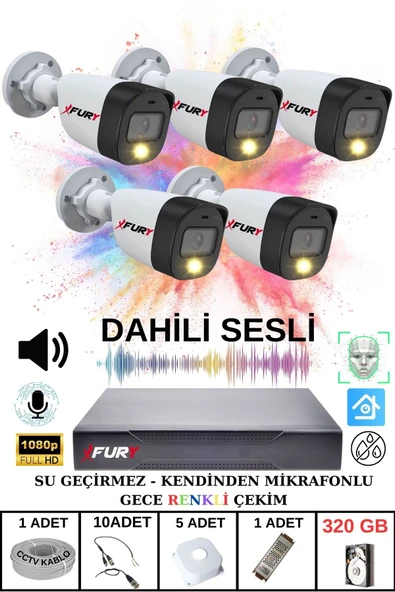 FURY 5 li Sesli Gece Renkli Görüş Güvenlik Kamerası Su Geçirmez Güvenlik Kamerası Seti 320GB ürün görseli