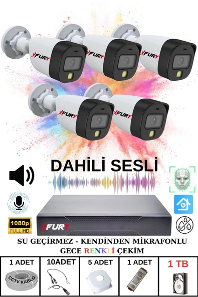 FURY 5 li Sesli Gece Renkli Görüş Güvenlik Kamerası Su Geçirmez Güvenlik Kamerası Seti 1TB - 2