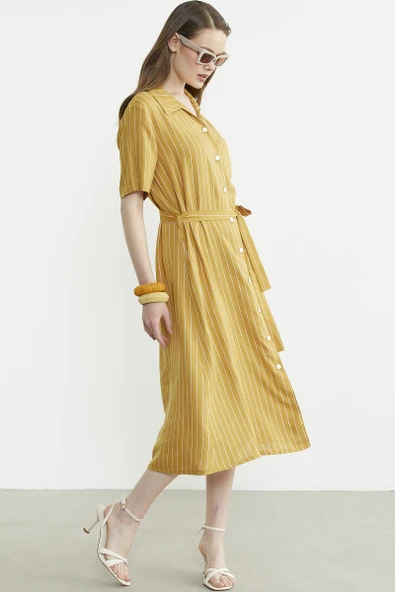 Düğmeli Midi Boy Gömlek Elbise - Hardal - 5