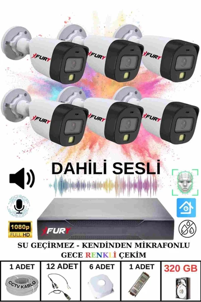FURY 6 lı Sesli Gece Renkli Görüş Güvenlik Kamerası Su Geçirmez Güvenlik Kamerası Seti 320GB - Resim 2