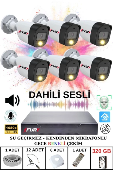 FURY 6 lı Sesli Gece Renkli Görüş Güvenlik Kamerası Su Geçirmez Güvenlik Kamerası Seti 320GB ürün görseli