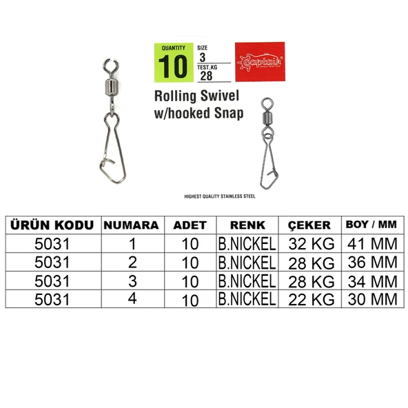Captain 5031 Hoked Klips 10lu Paket Black Nikel  6