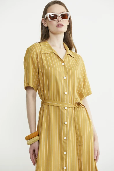 Düğmeli Midi Boy Gömlek Elbise - Hardal - 3