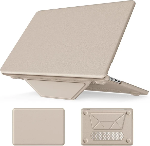 Apple Macbook Pro 14inç M3/M4/Max A3112 A3185 A3401 A2918 A1992 Kılıf Synthetic İpeksi Deri Standlı Havalandırmalı Kapak 2023 2024