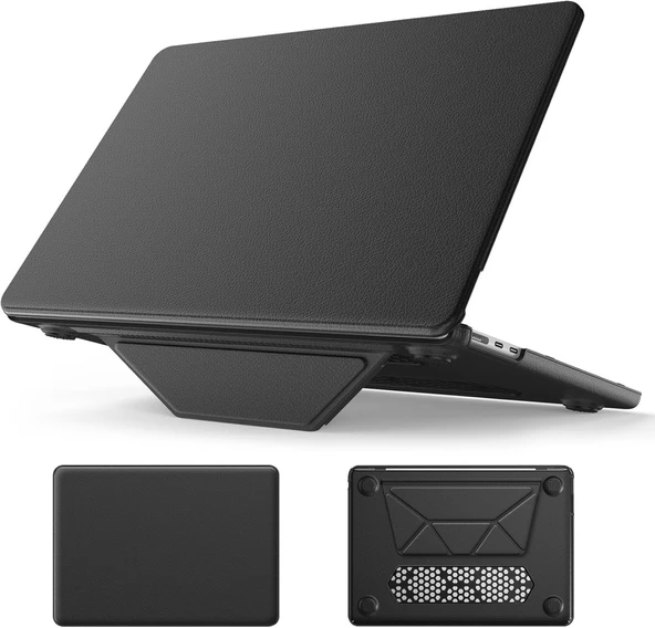 Apple Macbook Pro 14inç M1/M2 A2442 A2779 Kılıf Synthetic İpeksi Deri Standlı Havalandırmalı Kapak 2021 2022 - 2