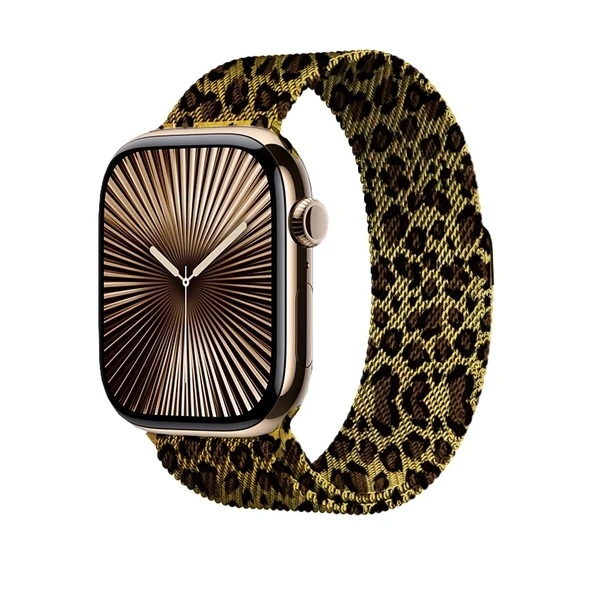 Apple Watch 44mm Zore KRD-01 Leopar Desenli Metal Kordon