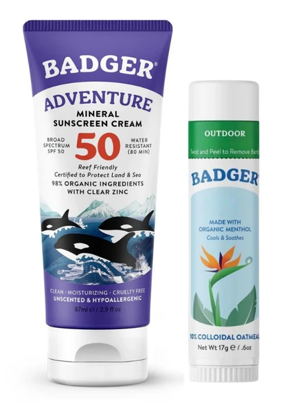 Badger Organik Güneş Seti: SPF 50 Güneş Kremi + Nemlendirici Stick