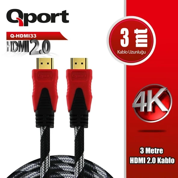 Qport Q-HDMI33  3m 2.0V 4K Altın Uçlu Örgülü Kablo