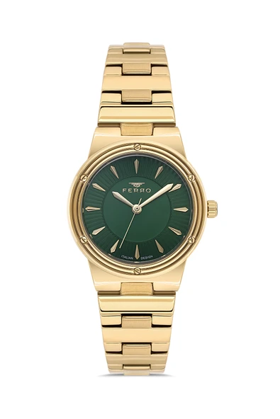 Ferro FL21586AWT-B6 Quartz Çelik Altın Rengi Yeşil Kadran 31 mm Kadın Kol Saati