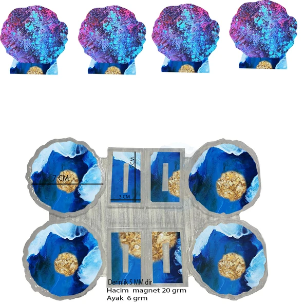 Epoksi  Silikon Kalıp Tırtıklı Kenar Ayaklı Magnet Kalıbı 7 CM  4 Lü ürün görseli 1