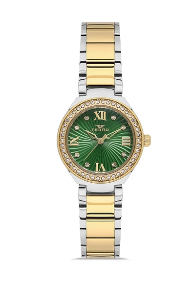Ferro Fl21611AWT-D6 Quartz Çelik Altın/Gri Yeşil Kadran 26 mm Kadın Kol Saati