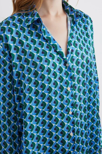 Geometrik Desenli Saten Gömlek Mavi - Resim 5