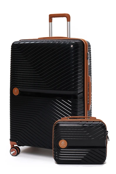 Elatae Exclusive Pro Polipropilen Kırılmaz 2'li Valiz Seti Büyük Boy ve Makyaj 2'li Set Siyah - Camel 5239 ürün görseli