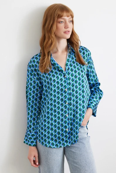 Geometrik Desenli Saten Gömlek Mavi - Resim 3