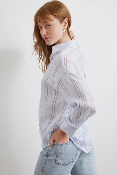 Organze Çizgili Gömlek Mavi ürün görseli