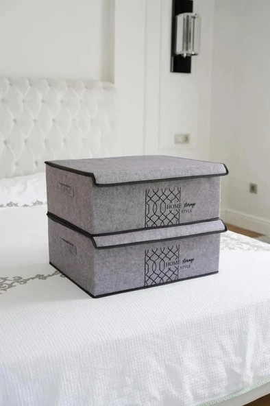 Keçe Kapaklı Baza Hurcu, Yatak Kanepe Altı Yastık Kıyafet Düzenleyici (40x50x19 Cm) 2 Adet GRİ - Resim 5