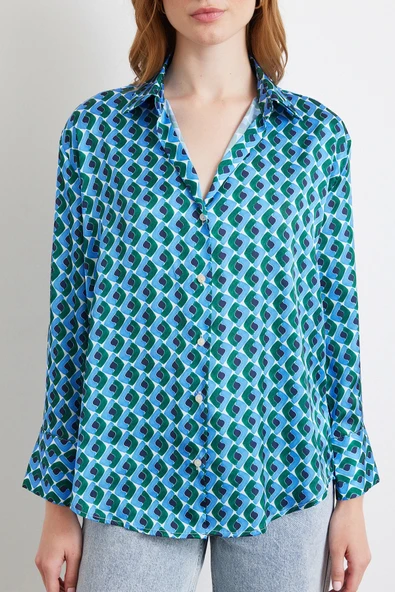 Geometrik Desenli Saten Gömlek Mavi - Resim 4