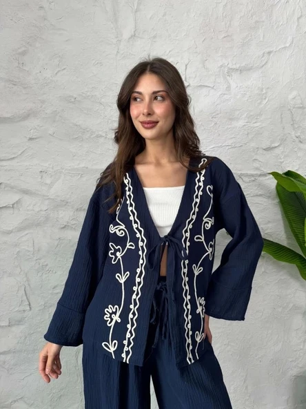 Lacivert Nakış İşlemeli Müslin Kimono
