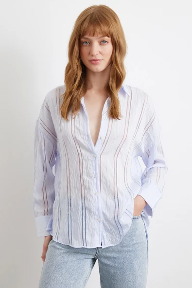 Organze Çizgili Gömlek Mavi - Resim 2