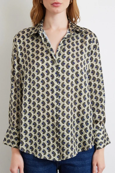 Geometrik Desenli Saten Gömlek Haki - Resim 3