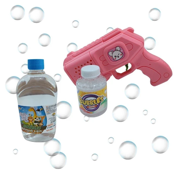 Çok Delikli Pilli Köpük Atan Baloncuk Tabancası Ve Likiti - Pembe
