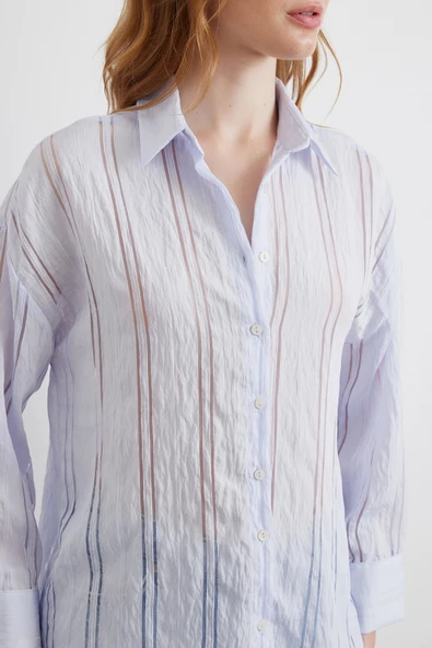 Organze Çizgili Gömlek Mavi - Resim 3