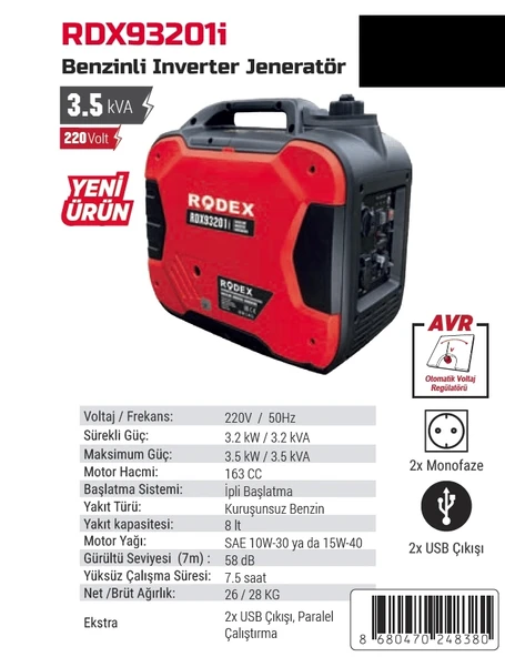 Rodex RDX93201İ Benzinli İnverter Jeneratör 3.5 kVA - 2