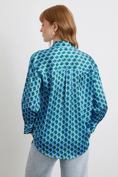 Geometrik Desenli Saten Gömlek Mavi - Resim 6