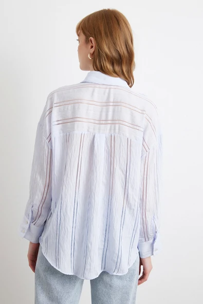 Organze Çizgili Gömlek Mavi - Resim 5