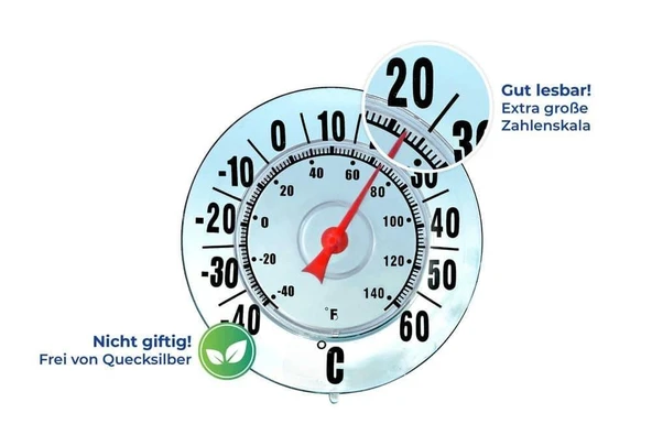 Saban Büyük Ekranlı Dış Mekan Termometresi – Cıvasız, 18 cm Çap, Santigrat & Fahrenheit, Vantuzlu Pencere Montajı - 4