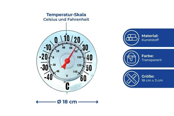 Saban Büyük Ekranlı Dış Mekan Termometresi – Cıvasız, 18 cm Çap, Santigrat & Fahrenheit, Vantuzlu Pencere Montajı - 5