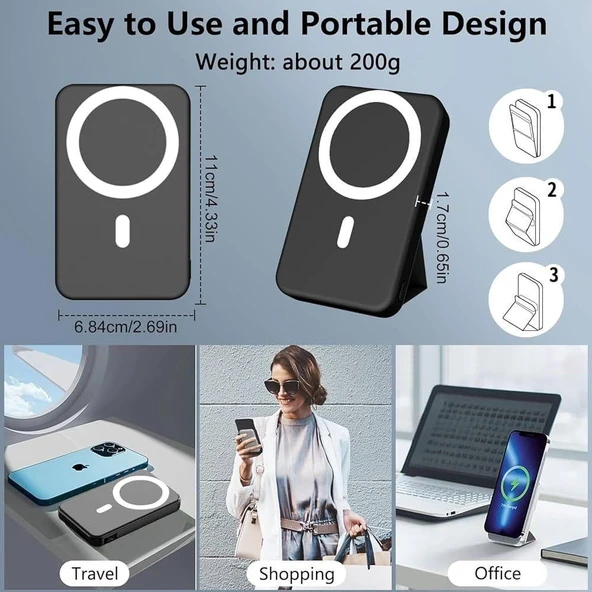 10.000mAh Dijital Göstergeli Taşınabilir 22.5W Hızlı Şarjlı Telefon Standlı Powerbank 200g Hafiflikte Ofis, Seyahatte, Alışverişte Kullanıma Uygun Şık Magsafe Powerbank - Resim 3
