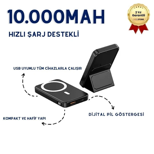 10.000mAh Dijital Göstergeli Taşınabilir 22.5W Hızlı Şarjlı Telefon Standlı Powerbank 200g Hafiflikte Ofis, Seyahatte, Alışverişte Kullanıma Uygun Şık Magsafe Powerbank ürün görseli 1