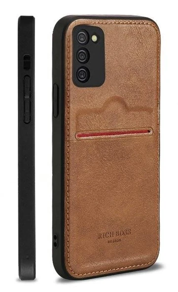Samsung Galaxy M22 Kartlıklı Rich Boss Deri Kılıf Açık Kahve