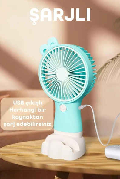 Şarjlı Telefon Standlı Mini El Fanı Sessiz Taşınabilir Masa Vantilatörü Turkuaz - 3