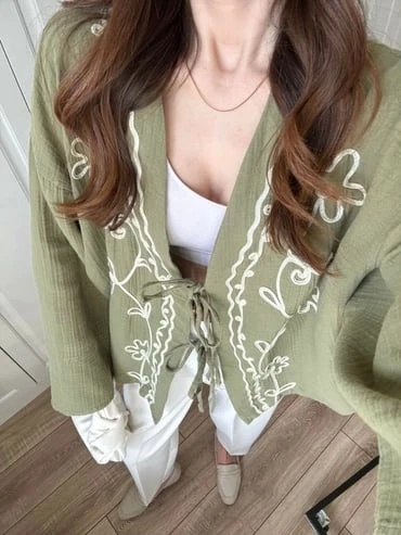 Haki Nakış İşlemeli Müslin Kimono - 4