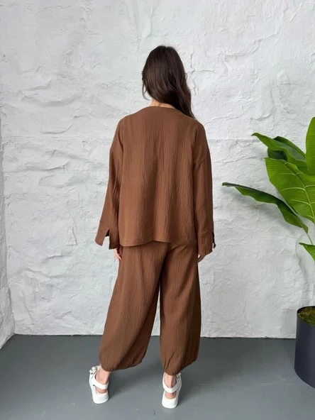 Kahve Nakış İşlemeli Müslin Kimono - 4