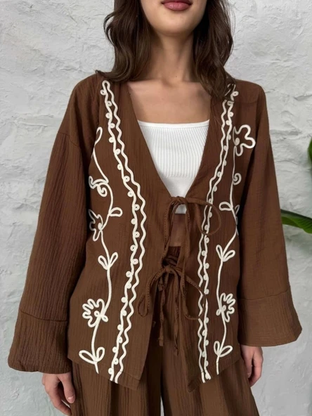 Kahve Nakış İşlemeli Müslin Kimono - 2