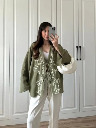 Haki Nakış İşlemeli Müslin Kimono - 2