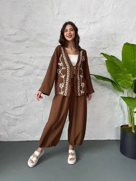 Kahve Nakış İşlemeli Müslin Kimono - 3