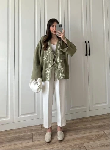 Haki Nakış İşlemeli Müslin Kimono