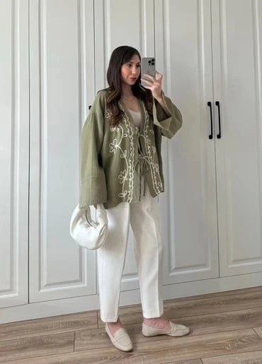 Haki Nakış İşlemeli Müslin Kimono - 3