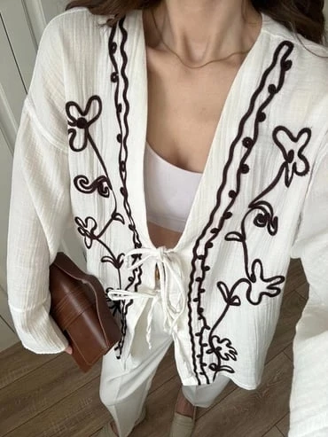 Krem Nakış İşlemeli Müslin Kimono - 4