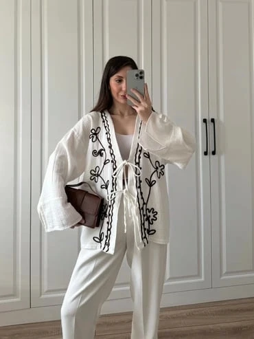 Krem Nakış İşlemeli Müslin Kimono - 2