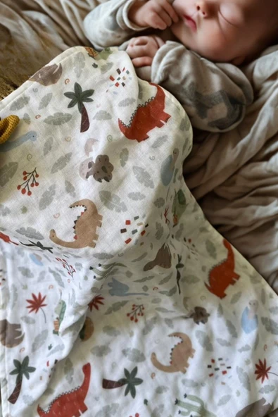 Çok Amaçlı 3 Katlı Müslin Bebek Örtüsü Puset Örtüsü 60x95 %100 Pamuk Yeni Doğan Hediye Unisex Desen - 4